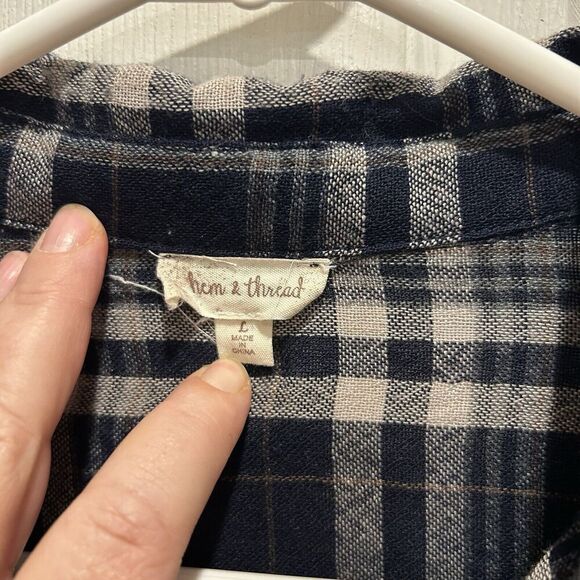 Hem‎ & Thread Womens Button Up Blue Plaid Long Sleeve Top Large Grey Contrast - Picture 3 of 7